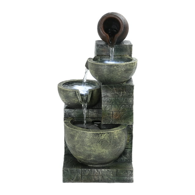 Queroig 23.6" 4-Tiers Outdoor Garden Water Fountain, Cascading Bowls and Stacked Stones Outdoor Water Fountain, Outside Patio Water Features Fountain with LED Light, without Atomizer