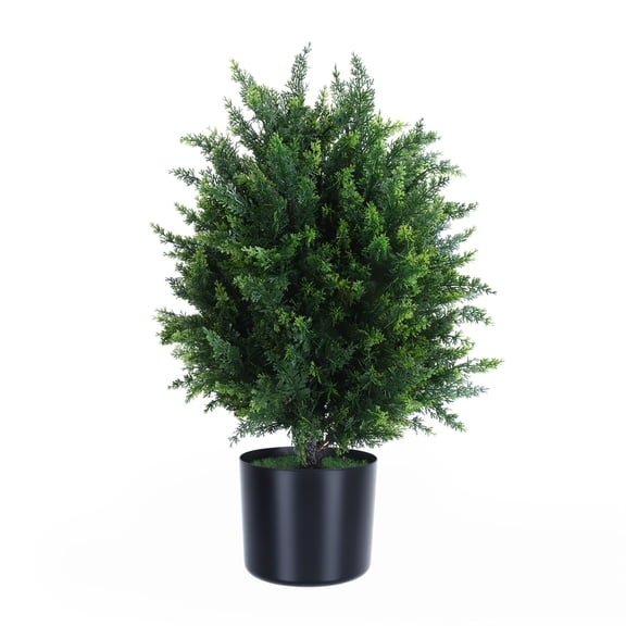 Queroig 2Pcs Fake Shrubs, 21.6 Inches Simulated Cypress Bonsai, Artificial Cypress Ball Tree, Faux Potted Plants Artificial Shrubs Bushes with Cement Pot for Home Front Porch Decor