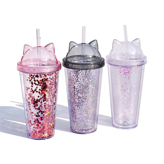 Queroig 420ml Water Cup Eye-catching Heat Resistant PS Lovely Water Drinking Straw Cup with Sequins for Home