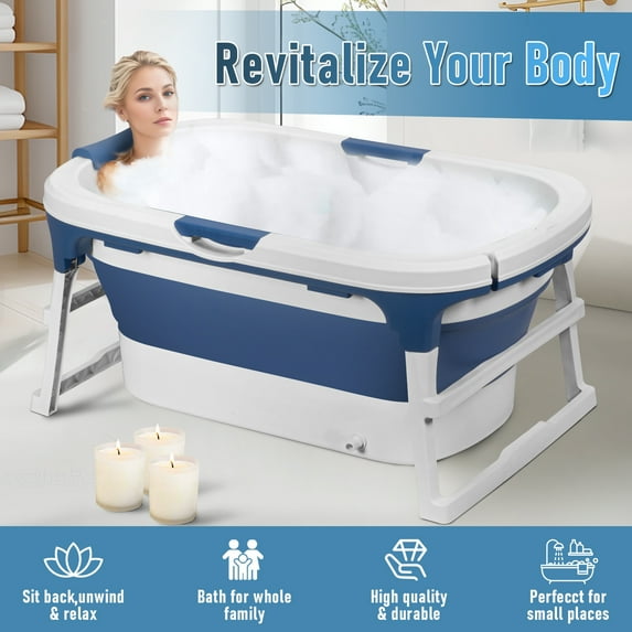 Queroig 43/55 inch Foldable Bathtub, Portable Bathtub for Adult, Large Collapsible Tub with Handle, Freestanding Surround Collapsible Bathtub, No Lid, Hot Bath, Ice Bath