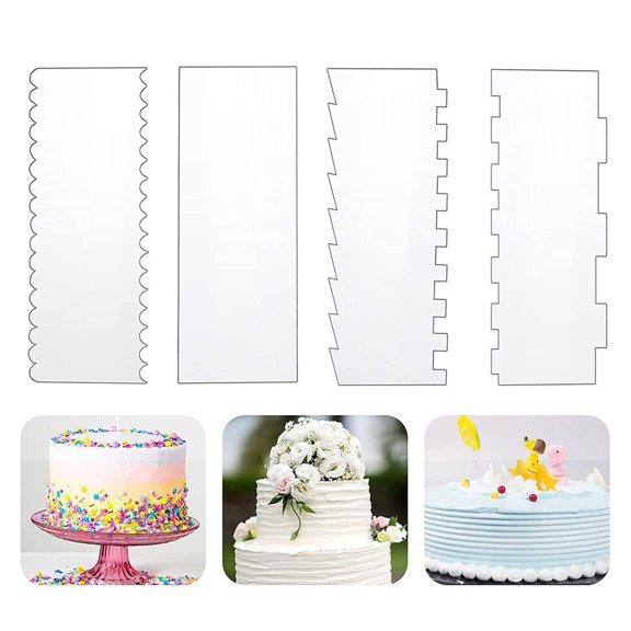 Queroig 4Pcs Cake Scraper Set Large Clear Acrylic Cakes Smoother Scraper Cake Stripes Edge Contour Comb for DIY Icing Frosting Buttercream Cream Decorating