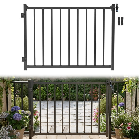 Queroig 4ft.W Deck Gate Kit for 36in.H Railing, Cuttable Fence Door with Black Textured Powder-Coat Finish, Outdoor Gate Kit with Latch and Auto-Closing Hinge for Deck, Patio, Garden, Yard, Porch