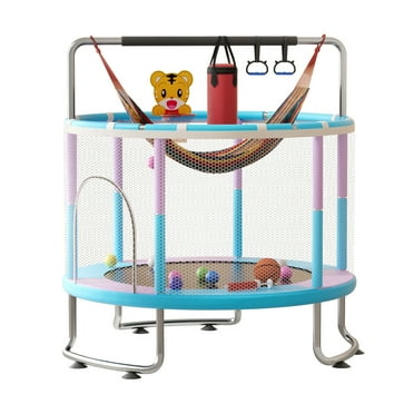 Queroig 5FT Kids Trampoline, Adjustable Baby Toddler Trampoline with Basketball Hoop, Swing, Sandbag, Ocean Balls, 440lbs Indoor Outdoor Toddler Trampoline with Enclosure Net