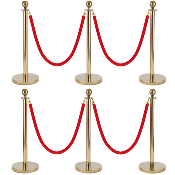 Queroig 6Pcs Gold Stanchion Posts with 4 Red Velvet Ropes, Water/Sand/Concrete Fillable Base Crowd Control Barriers, Queue Management Safety Barriers Poles for Party, Prom, Wedding
