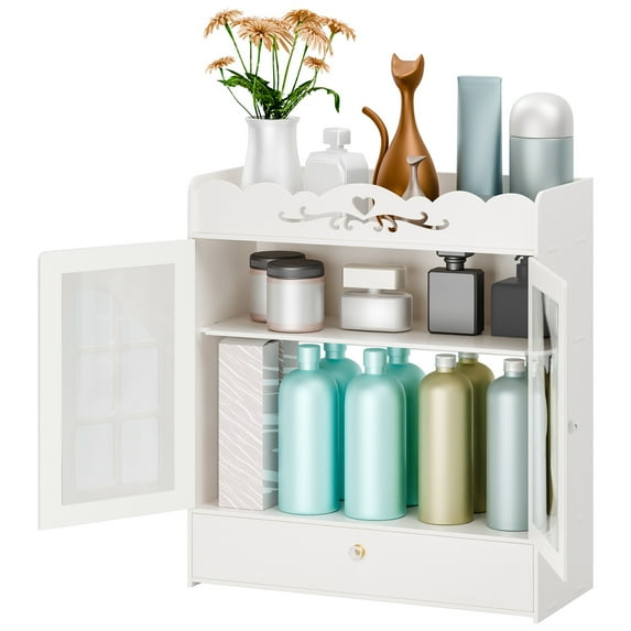 Queroig Bathroom Cabinet with Hollow Flower Carved, Wall-Mounted Bathroom Storage Cabinet, Bathroom Toilet Storage Shelf, Punching Free Cosmetics Storage Organizer with 2 Doors and Drawer