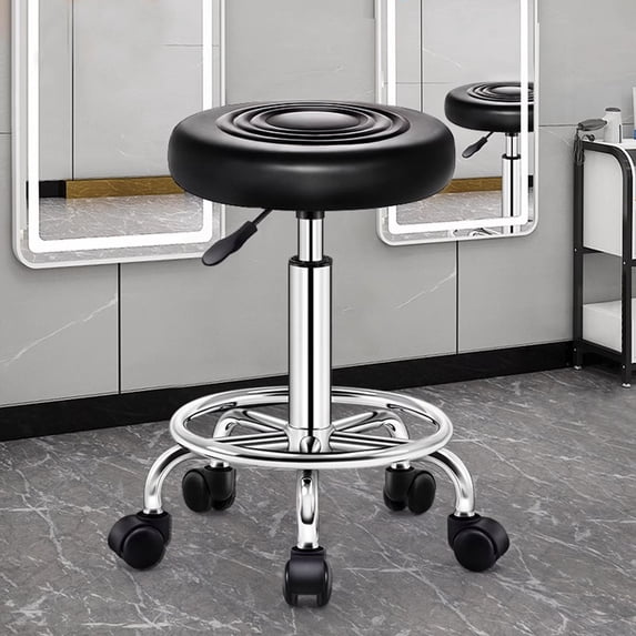 Queroig Beauty Stool, 360-degree Rotation Wheel Bar Stool, Height Adjustable Salon Chair, Faux Leather Cushioned Office Shop Stool, with Metal Frame (Black)