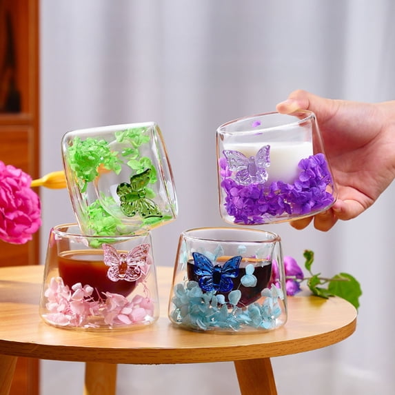 Queroig Double Walled Glass Coffee Mugs with Dried Flowers 150ml Heat Resistant Glass Tumbler for Home Office Afternoon Tea Cups Unique Gifts for Women