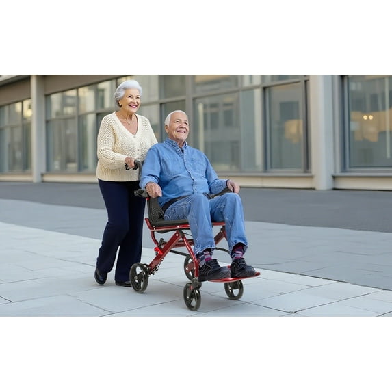 Queroig Foldable Transport Wheelchairs for Adults, Lightweight 18.5lbs Travel Wheelchair with 8" Rear Wheels & Hand Brakes, Portable Aluminum Alloy Wheelchair, Supports 175lbs Capacity