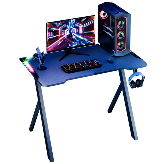 Queroig Gaming Desk with RGB LED Lights, Carbon Fiber Surface Gaming Table, Large Gaming Computer Desk, X-Shaped Legs PC Workstation Desk with Cup Holder & Headphone Hook
