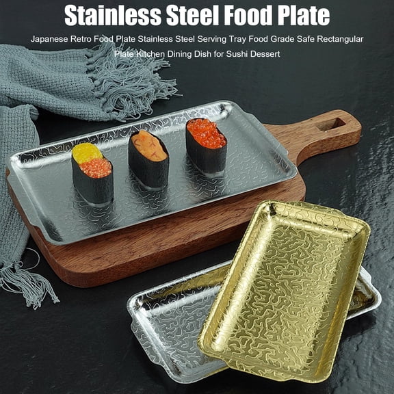 Queroig Japanese Retro Food Plate Stainless Steel Serving Tray Food Grade Safe Rectangular Plate Kitchen Dining Dish for Sushi Dessert