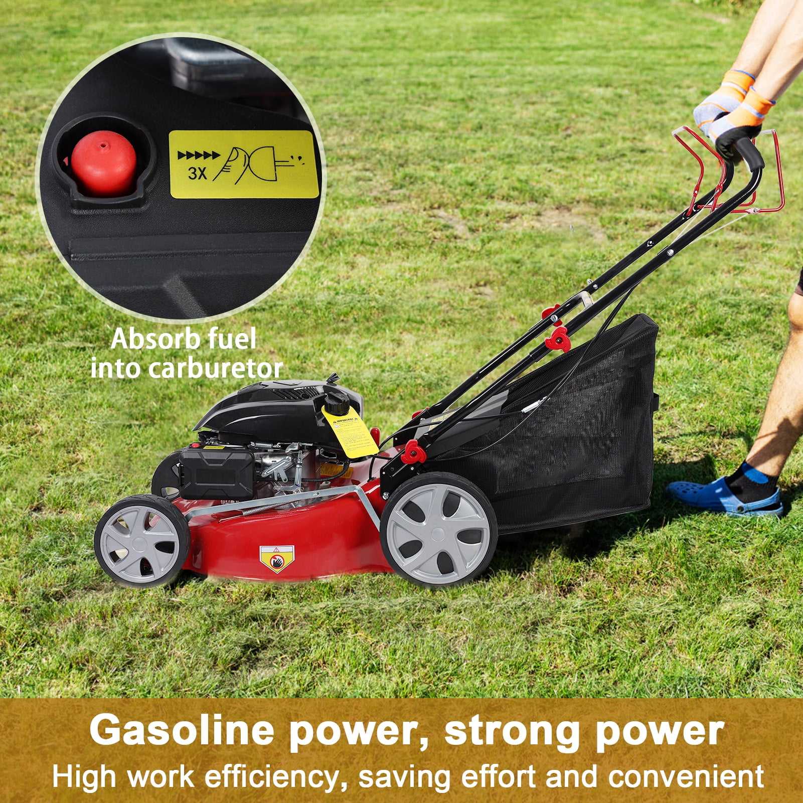 Queroig Lawn Mower, Self Propelled Lawn Mower, 141cc Gas Engine Lawn Mower, Push Lawn Mower with 50L Grass Tank, Big Wheels