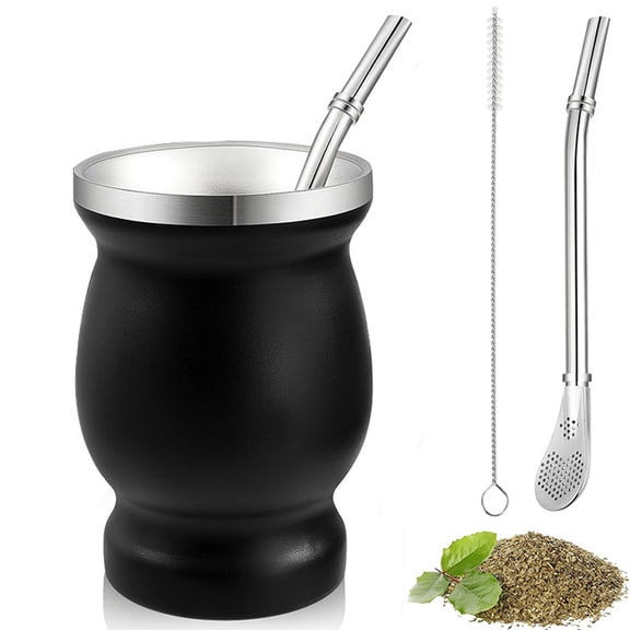 Queroig Yerba Mate Cup Set Double Wall Stainless Steel Gourd Shape Cup with Bombilla Teacup Cleaning Brush Antioxidant Rich Energy Boost Tea Kit