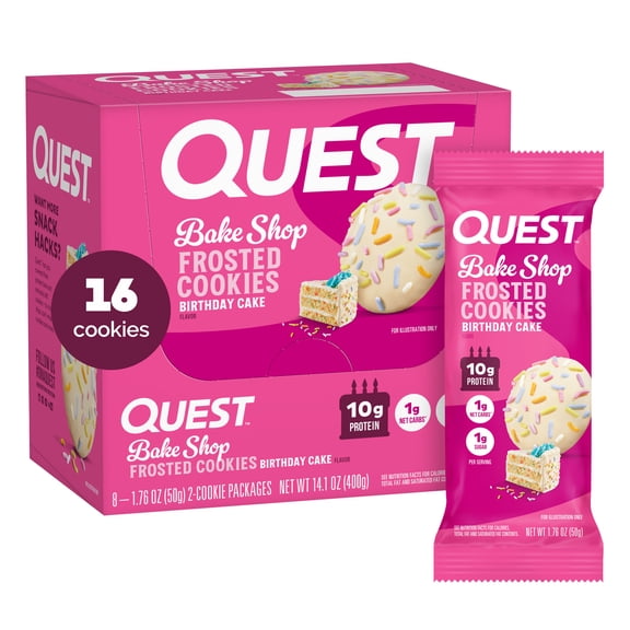 Quest Bake Shop Frosted Cookies, Birthday Cake Flavor, Ready to Eat, 10g Protein, 8 Count