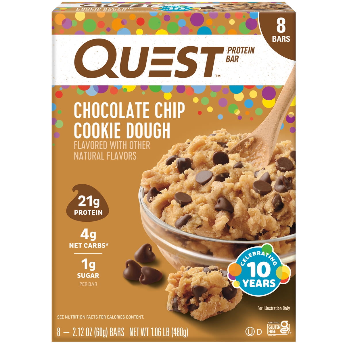 Quest Chocolate Chip Cookie Dough Protein Bar, Gluten Free, 4pk
