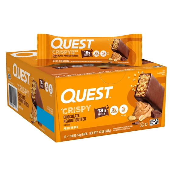 Quest Crispy Protein Bars. Chocolate Peanut Butter Flavored, 18g of Protein, 1 Count