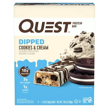 Quest Dipped Cookies and Cream Protein Bar, 18g Protein, Gluten Free, 4 Count