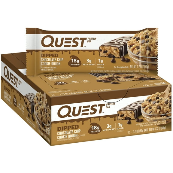 Quest Dipped Protein Bar, Chocolate Chip Cookie Dough, 18g Protein, Gluten Free, 12 Count
