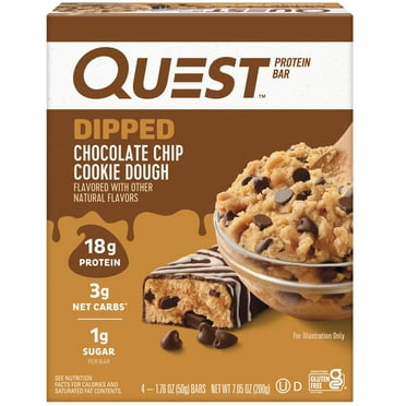 Quest Dipped Protein Bars, 18g Protein, Gluten Free, Chocolate Chip Cookie Dough, 4 Count