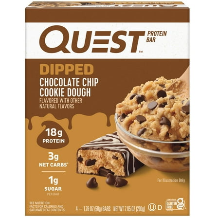 Quest Dipped Protein Bars, 18g Protein, Gluten Free, Chocolate Chip Cookie Dough, 4 Count