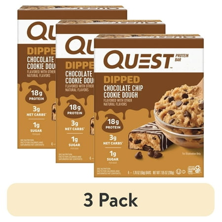 (3 pack) Quest Dipped Protein Bars, 18g Protein, Gluten Free, Chocolate Chip Cookie Dough, 4 Count