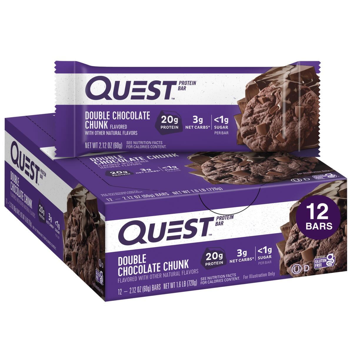 Quest Double Chocolate Chunk Flavor Protein Bars, High Protein, Gluten-Free, 12 Count