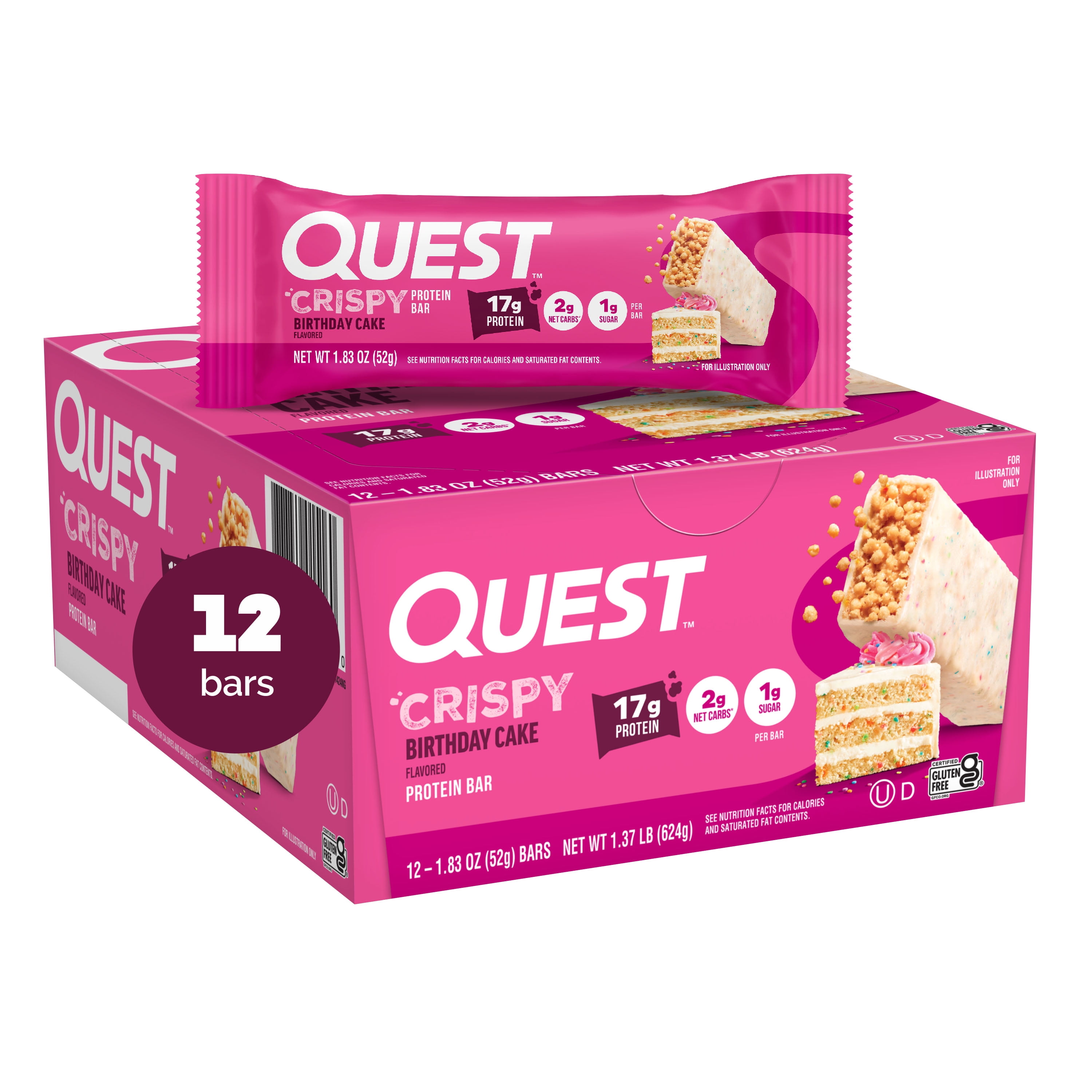 Quest Crispy Protein Bar, Birthday Cake Flavor, Low Sugar, 12 Count