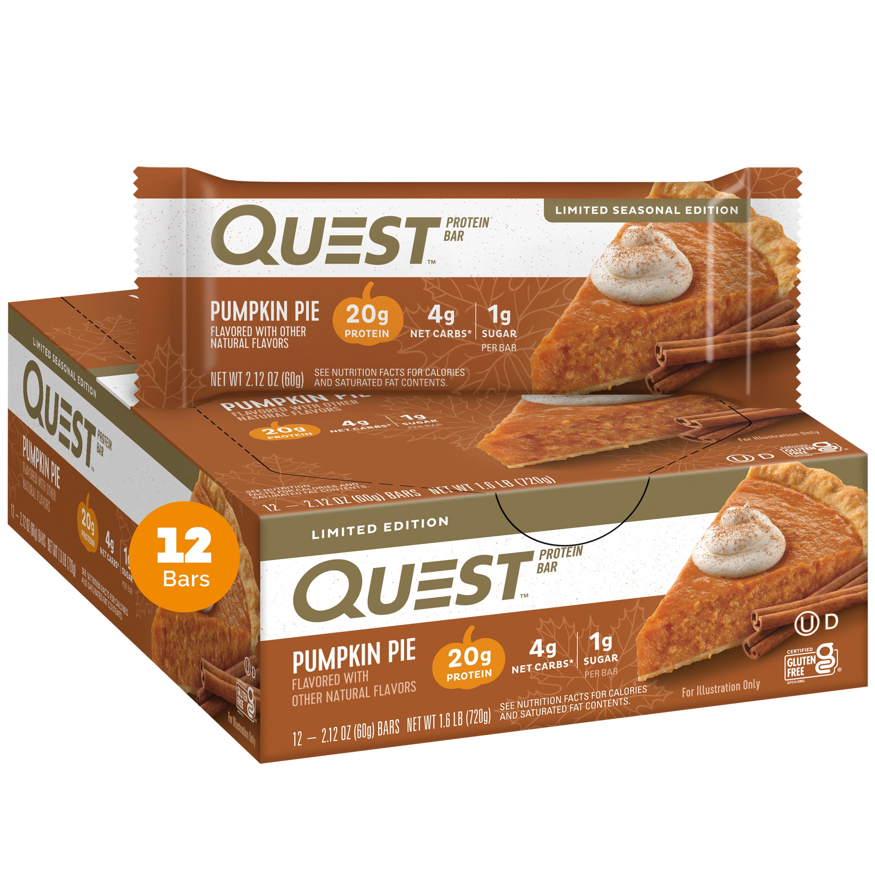 Quest Limited Edition Protein Bar, Pumpkin Pie, 20g of Protein, Gluten Free, 12 Count
