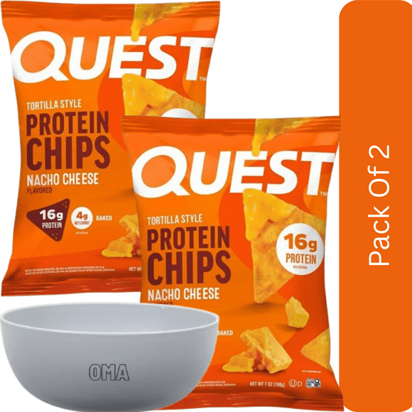 Quest Nacho Cheese Tortilla Style Protein Chips, 7 oz., 2 Pack with white bowl by OMA