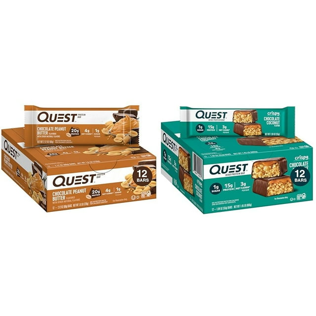 Quest Nutrition Chocolate Peanut Butter & Chocolate Coconut Hero Protein Bars, High Protein, Low Carb, Gluten Free, Keto Friendly, 12 Count Each