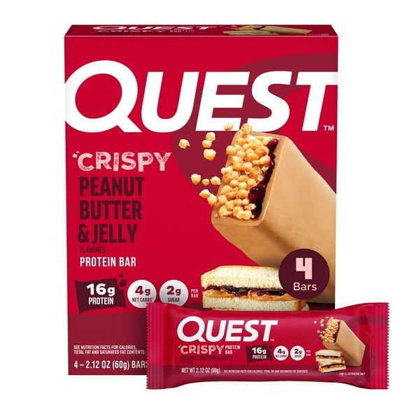 Quest Crispy 18g Protein Bar, Low Carb, Peanut Butter and Jelly, 2.12oz, 4 Count
