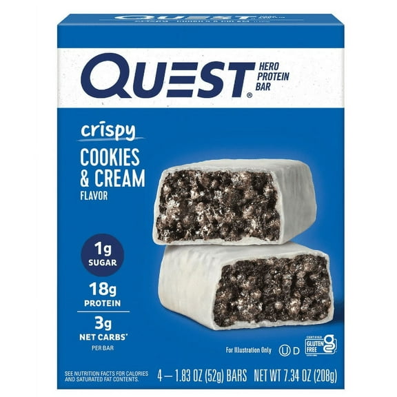 Quest Nutrition, Crispy Hero Protein Bars, Low Carb, Gluten Free, Cookies & Cream, 4 Count (Pack of 2)