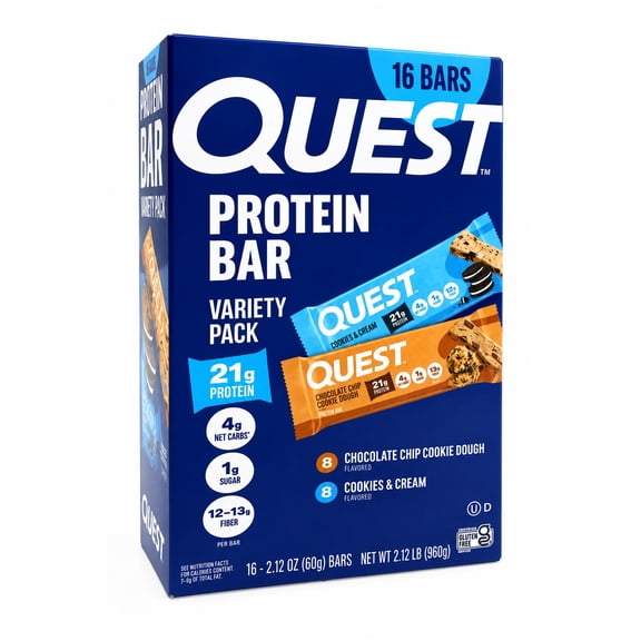 Quest Nutrition Protein Bar, Variety Pack, 2.12 oz, 16 count - Chocolate Chip Cookie Dough & Cookies and Cream