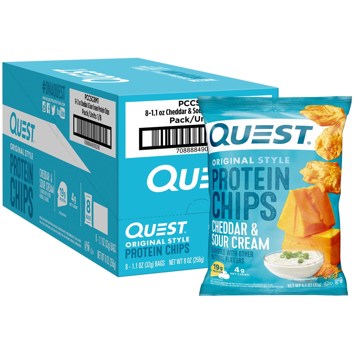 Quest Original Style Protein Chips, Cheddar \u0026 Sour Cream, 19g of protein, 8 Pack