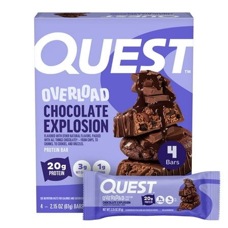 Quest Overload 20g Protein Bar, Chocolate Explosion Flavor, High Protein, Low Sugar, 4 Count