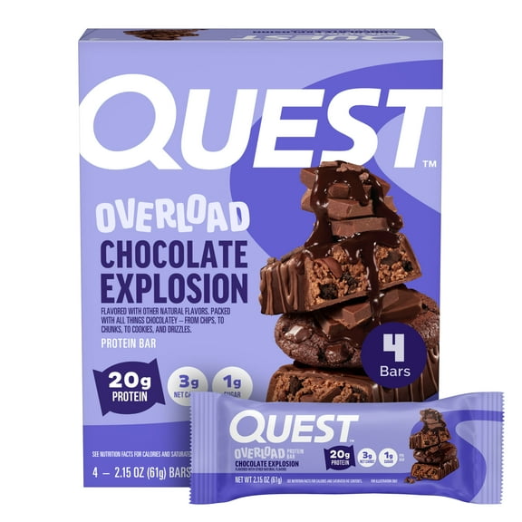 Quest Overload 20g Protein Bar, Chocolate Explosion Flavor, High Protein, Low Sugar, 4 Count