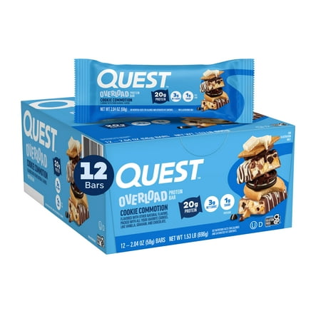 Quest Overload Protein Bar, Cookie Commotion Flavor, Gluten Free, Low Sugar, 12 Count