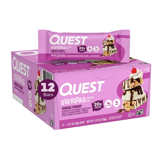 Quest Overload Protein Bar, Sundae Funday Flavor, Gluten Free, 20g Protein, 12 Count