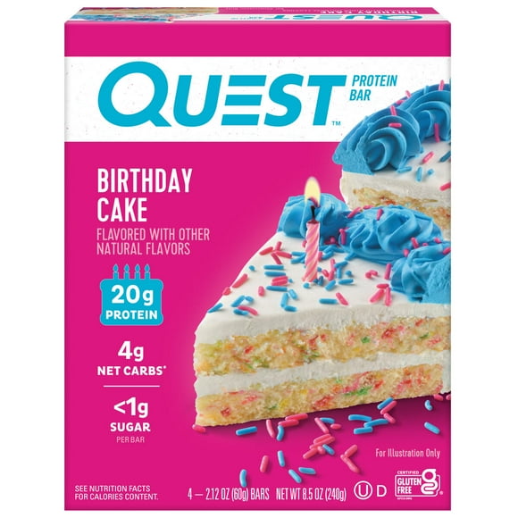 Quest Protein Bar, Birthday Cake Flavored, Gluten Free, 20g of Protein, 4 Count