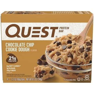 Quest Protein Bar, Chocolate Chip Cookie Dough Flavored, 21g Protein, Gluten Free, 4 Count