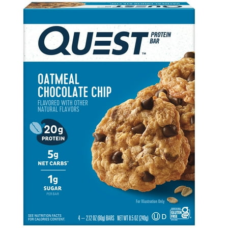 Quest Protein Bar, Oatmeal Chocolate Chip, 20g Protein, Gluten Free, 4 Count