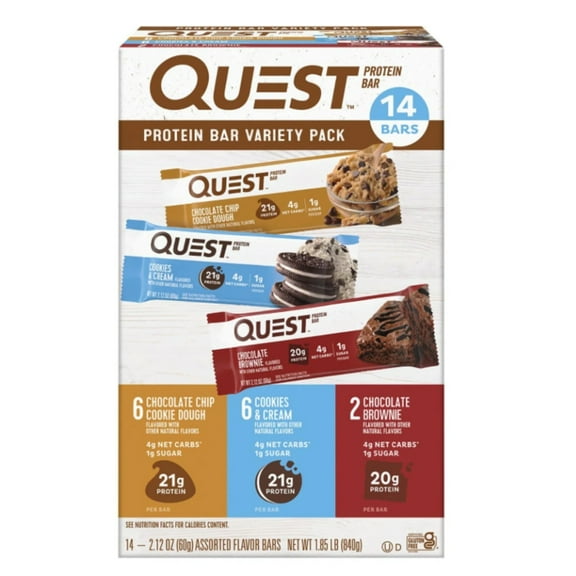 Quest Protein Bar Variety Pack (Chocolate Chip Cookie Dough, Cookies & Cream, Chocolate Brownie) - Gluten Free, 14 Ct. (2 Lbs. Total)