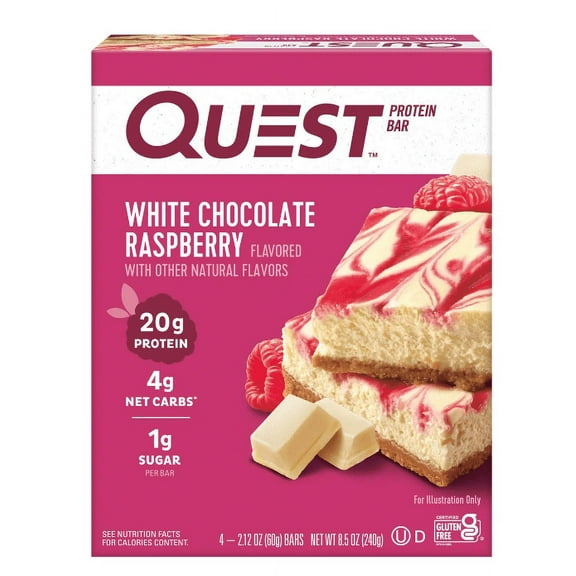 Quest Protein Bar, White Chocolate Raspberry, 20g Protein, Gluten Free, 4 Ct (Pack of 2)