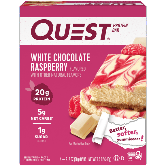 Quest Protein Bar, White Chocolate Raspberry, 20g Protein, Gluten Free, 4 Ct