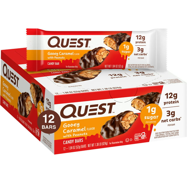 Quest Protein Candy Bar Snacks, Gooey Caramel with Peanuts flavor,  12 Count