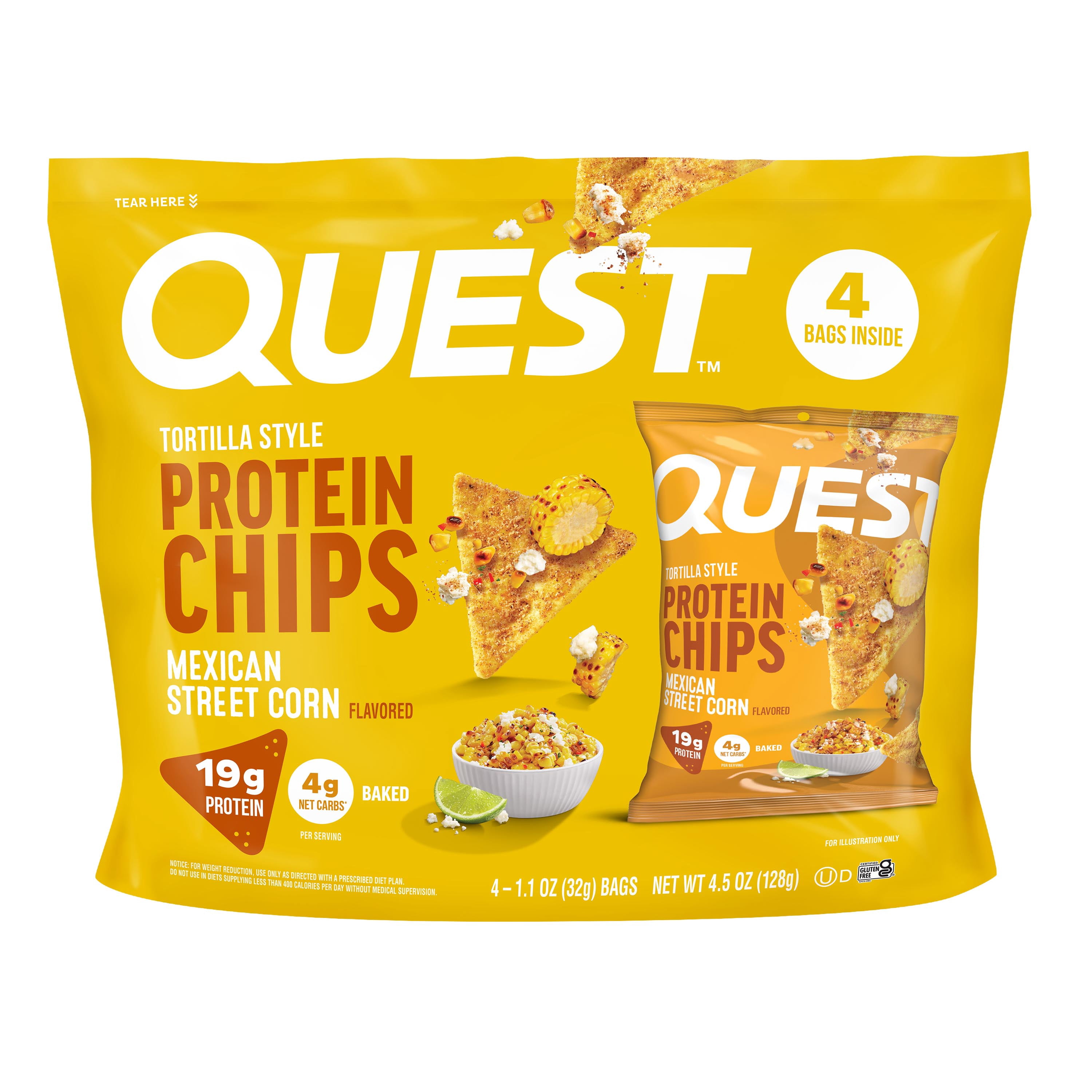 Quest Mexican Street Corn Flavored Tortilla Style Protein Chips, High Protein*, Low Carb*, Gluten Free, 4 Count