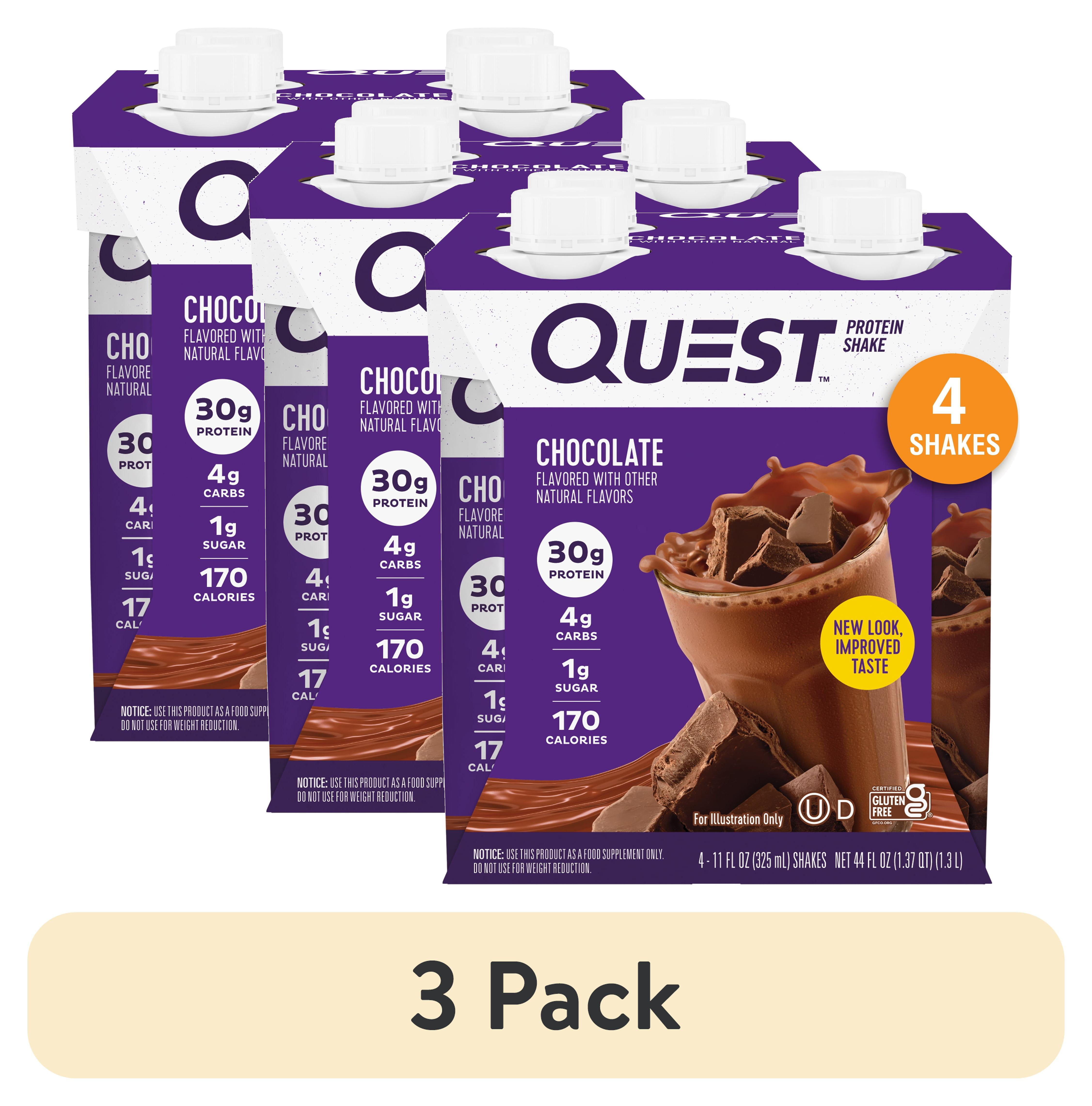 (3 pack) Quest Protein Shake, Chocolate, 30g Protein, Gluten Free, 4