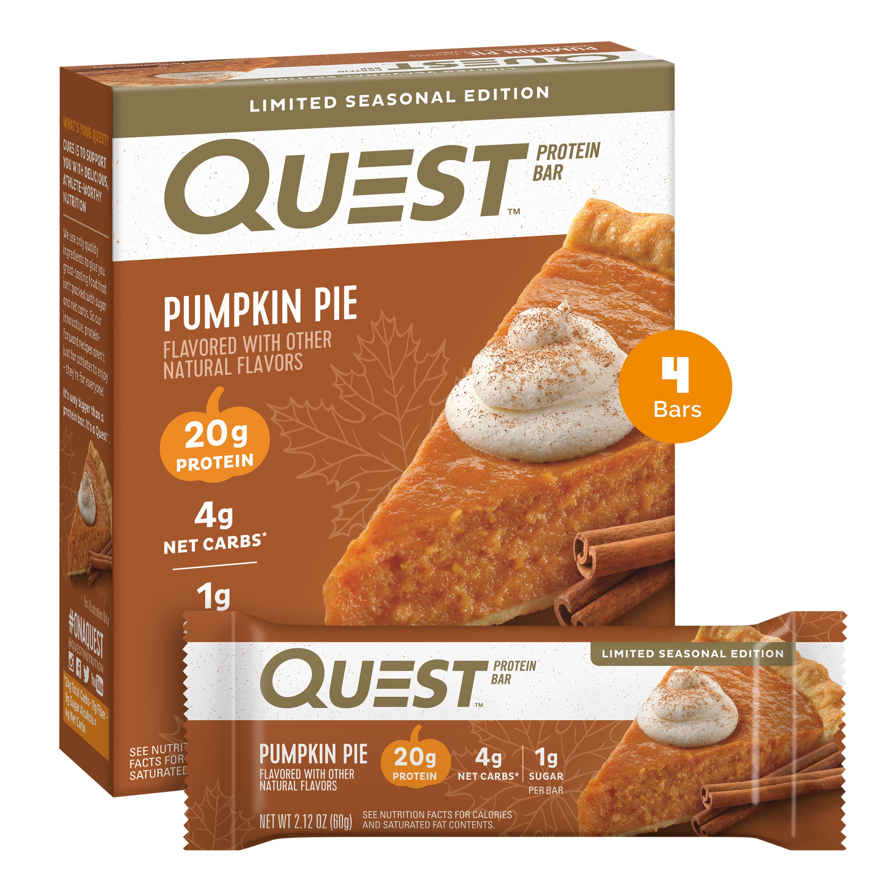 Quest Seasonal Protein Bar, High Protein, Low Carb, Pumpkin Pie, 4 Count