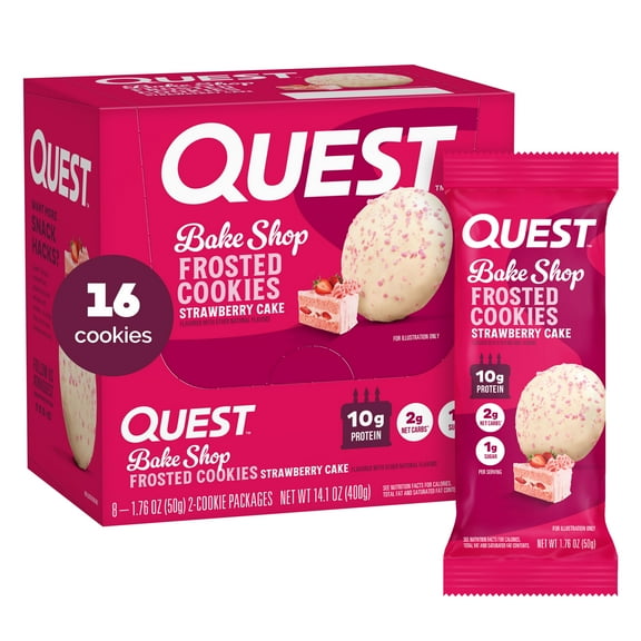 Quest Bake Shop Frosted Cookies, Strawberry Cake Flavor, 10g Protein, 8 Count