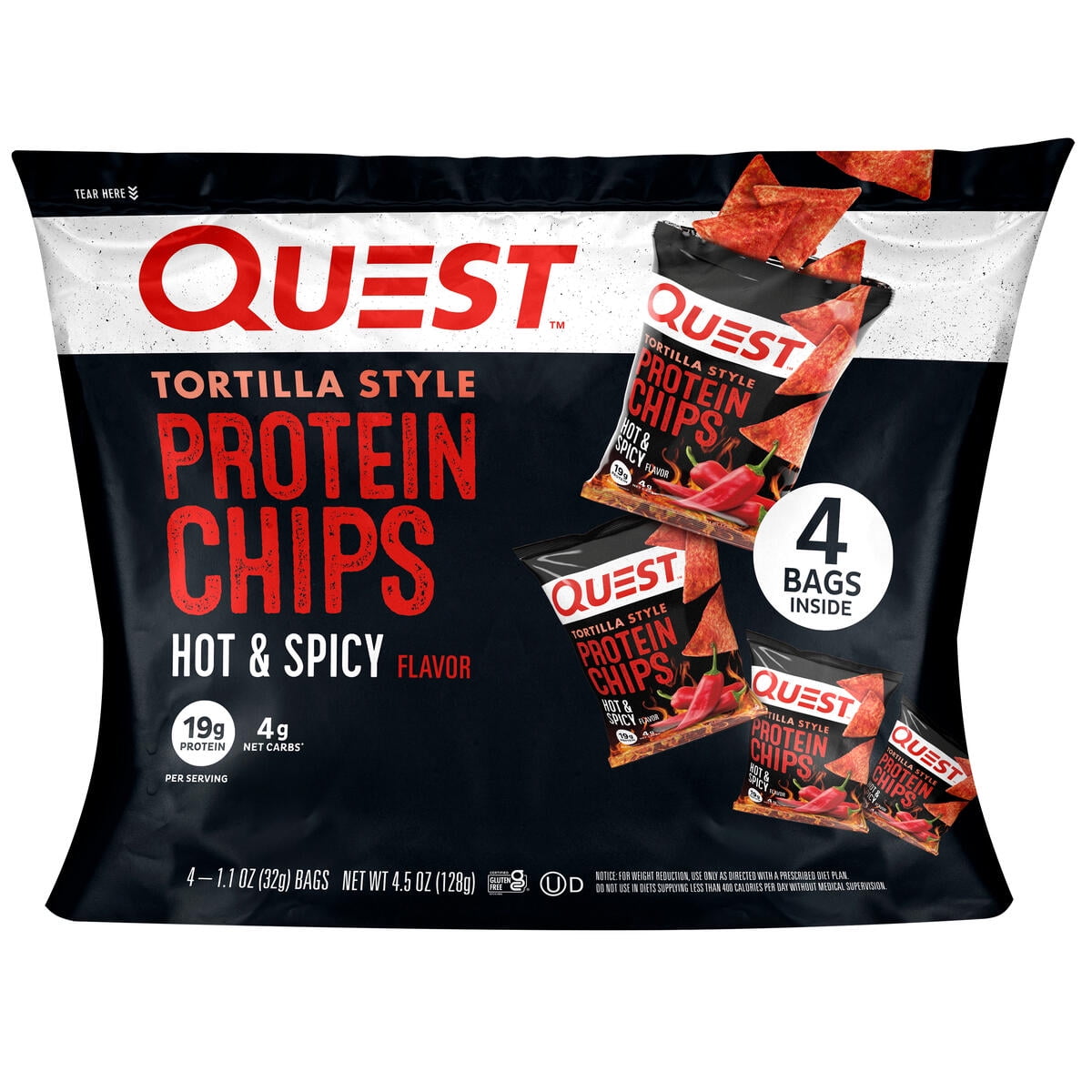 Quest Tortilla Style Protein Chips, Hot & Spicy Flavor, Baked, 19g Protein, 1.1oz Bags, 4 Count
