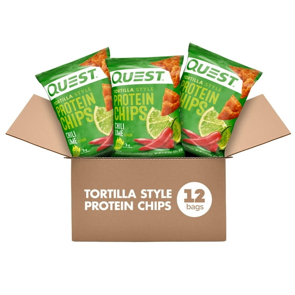 Quest Tortilla Style Protein Chips, Chili Lime Flavored, Baked, 1.1oz Bags, 12 Count